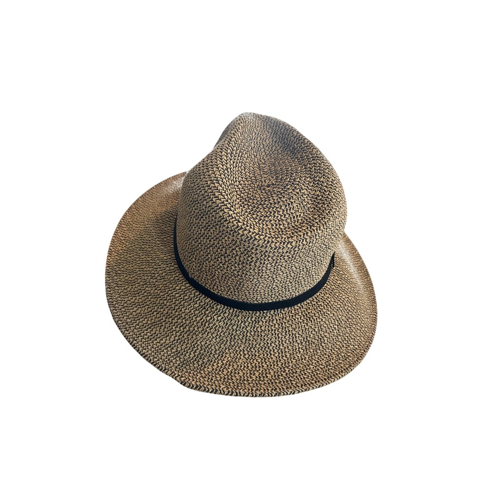 Straw Fedora Sun Hat Womens OS Tan Black Wide Brim Woven‎ Paper Blend Excellent